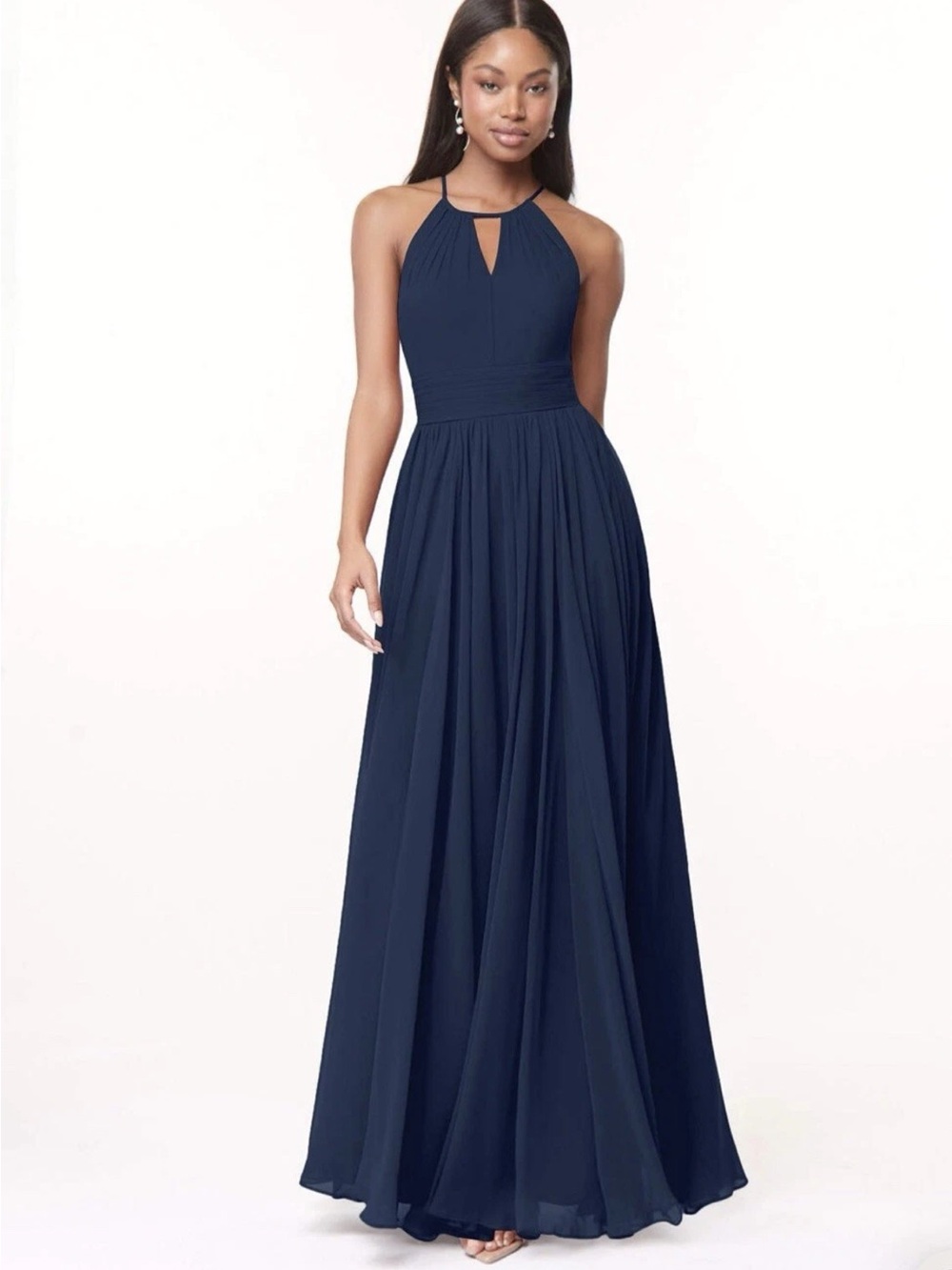 AZAZIE CHERISH Dark Navy Flowy Pleated Chiffon Bridesmaid Dress Size XS
